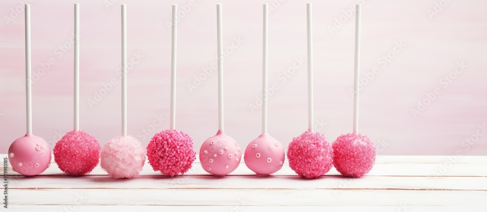Aufkleber a pink cake pops displayed on a white wooden background providing copy space for additional elements