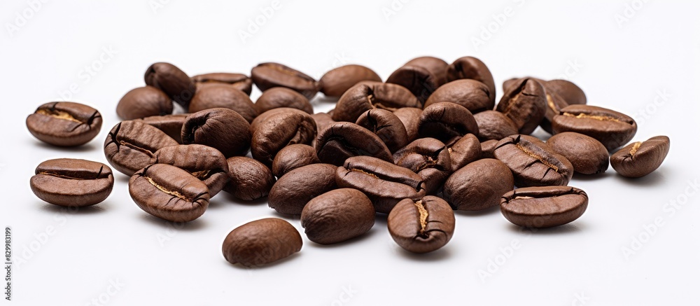 Poster a close up view of roasted arabica coffee beans with a dark brown color set against a white backgrou