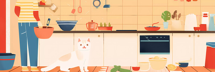 Fototapeta premium Playful Kitchen Cat Modern Scandinavian Style Flat Illustration of a Cat and Owner Cooking