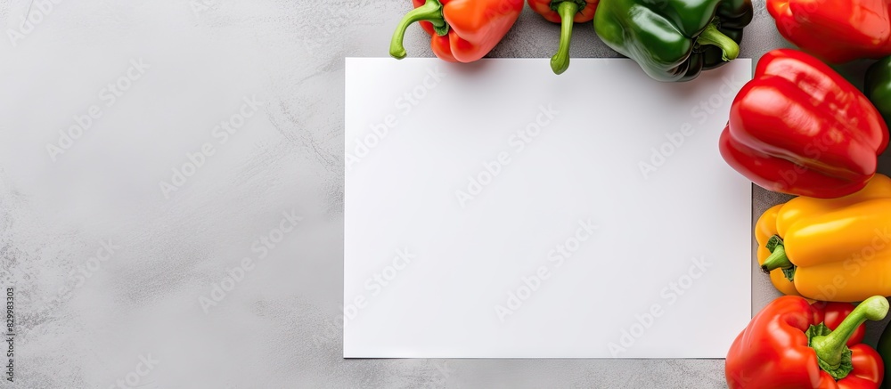Aufkleber A copy space image of fresh bell peppers and a blank paper sheet is seen on a grey surface with a top view of a human hand