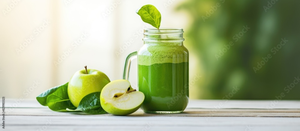 Poster a detox green smoothie containing apple spinach and lime is displayed in a mason jar on a white wood