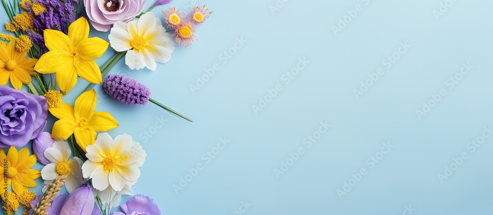 Poster a flat lay of yellow and purple flowers on a pastel blue background creates a charming spring and ea
