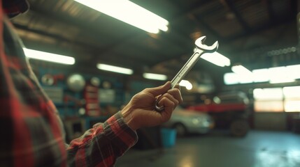 The hand of a mechanic holding a wrench and a customer service guarantee brochure, with a backdrop of a well-maintained garage, 