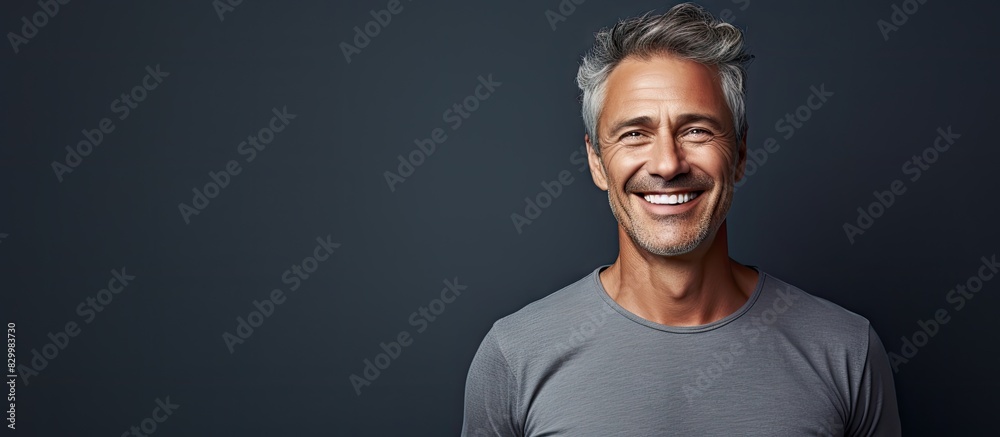 Poster a middle aged man with a relaxed and attractive smile poses confidently in front of a grey studio ba