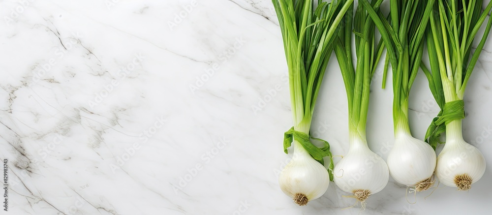Poster A cluster of fresh green spring onions arranged on a white marble surface captured from above This flat lay composition offers ample space for adding text