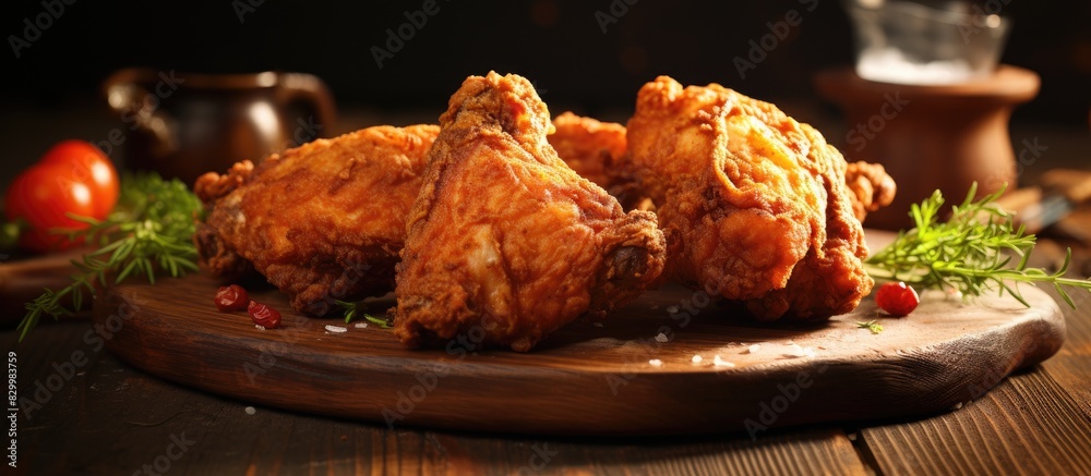 Poster an appetizing closeup of crispy fried chicken served on a beautiful weathered wooden plate the compo
