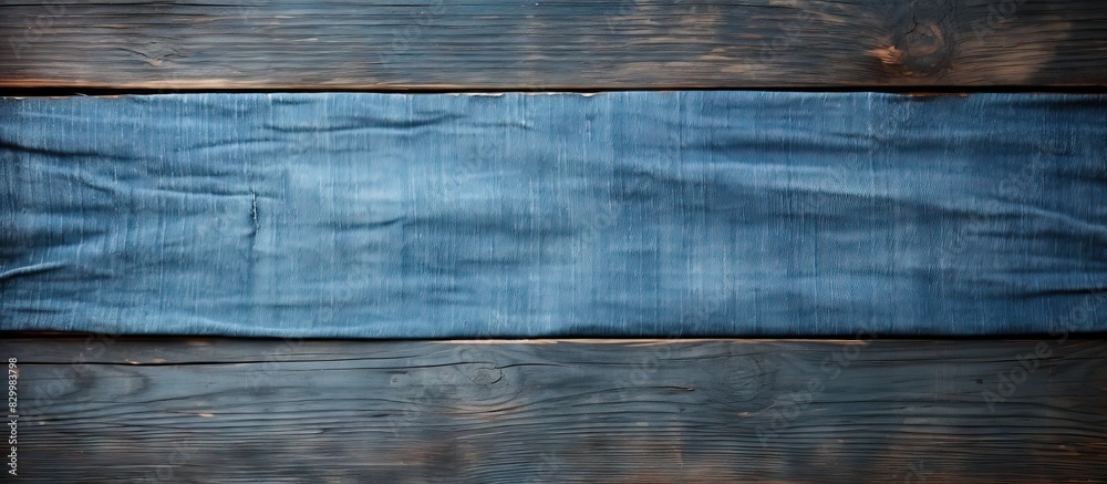 Aufkleber Blue jean viewed from above isolated on a wooden backdrop The image offers room for text. with copy space image. Place for adding text or design