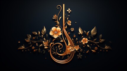 Elegant golden treble clef with floral patterns, dark background, vector art, luxurious design 8K , high-resolution, ultra HD,up32K HD
