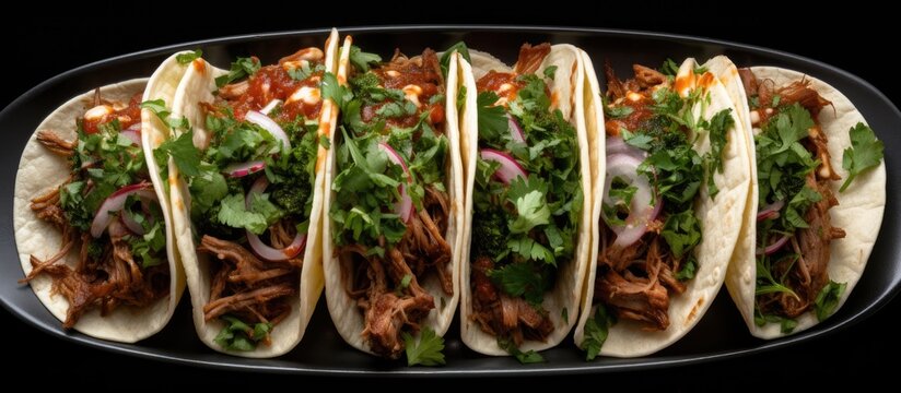 A delicious Mexican dish of beef barbacoa tacos seasoned with fresh cilantro and onion Presented on a black background with a top down view and copy space image available