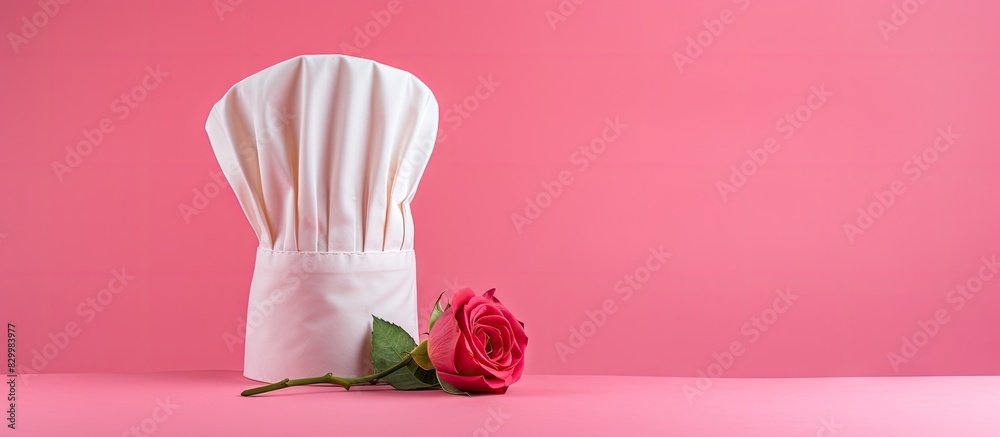 Poster A pink rose adorned chef s toque stands alone on a pink background leaving empty space for imaging. with copy space image. Place for adding text or design