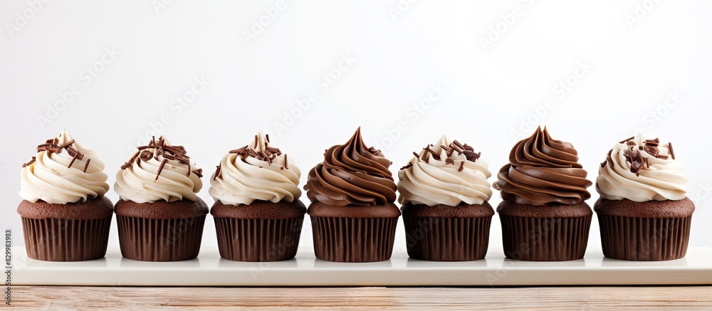 Poster on an old white wooden table there is a tempting tray of chocolate cupcakes awaiting their indulgent