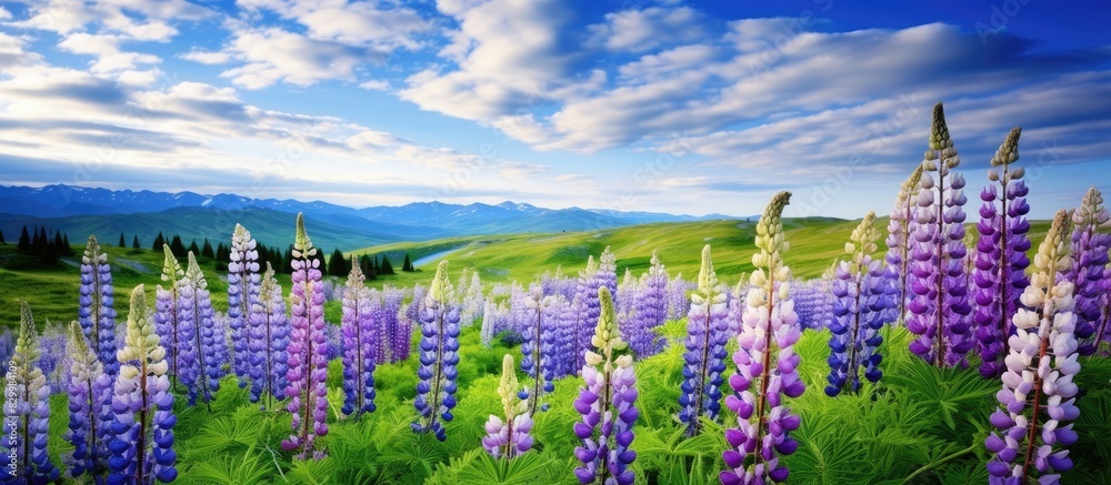 Fototapete On a green hill there is a picturesque scene of lupines in full bloom creating a beautiful display of colors The image allows for an empty space. with copy space image