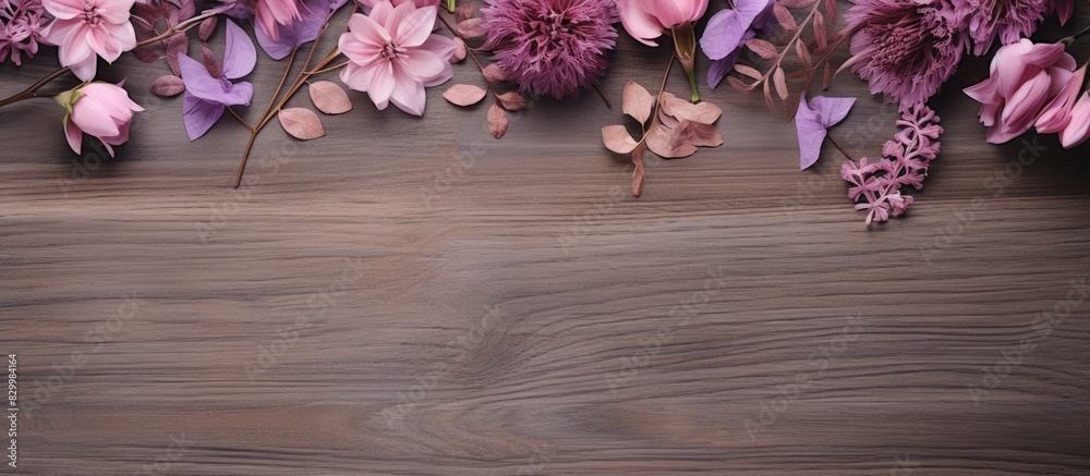 Poster a flat lay image showcases dried pink and purple flowers arranged on a copy space background of gray