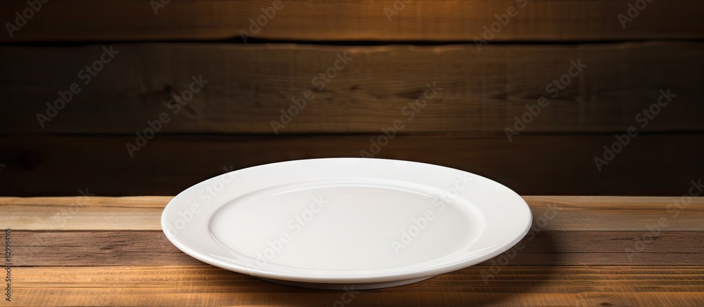 Aufkleber a white dish sits on a wooden background with no other objects nearby allowing for ample copy space 
