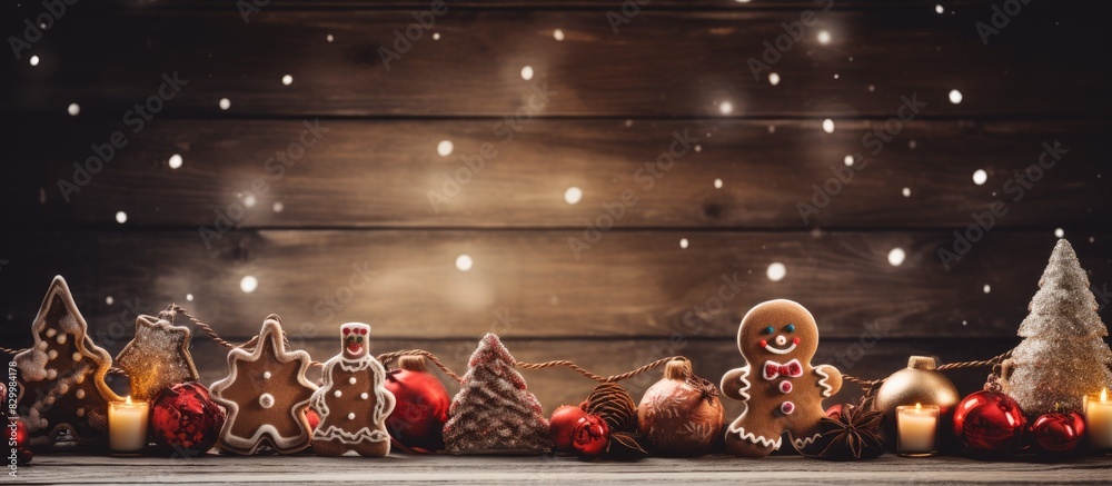 Poster festive christmas decorations arranged on a rustic wooden background creating a beautiful copy space