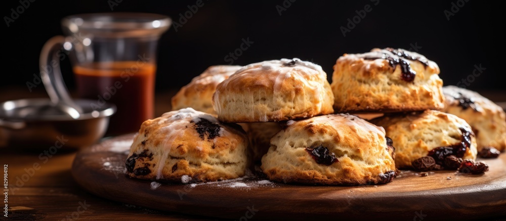Poster Delicious scones made with soda water and chocolate paste placed on a wooden table leaving room for adding text. with copy space image. Place for adding text or design
