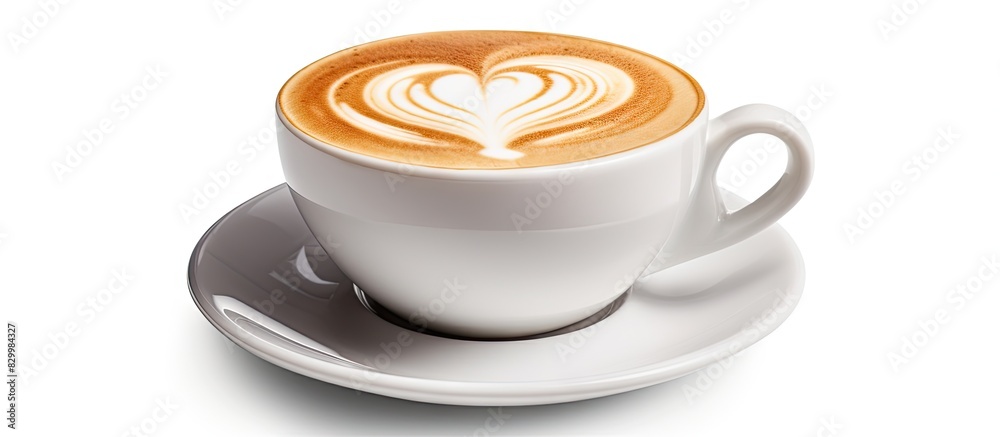 Poster Isolated on white there is a cappuccino with a heart shape The image includes copy space with a clipping path