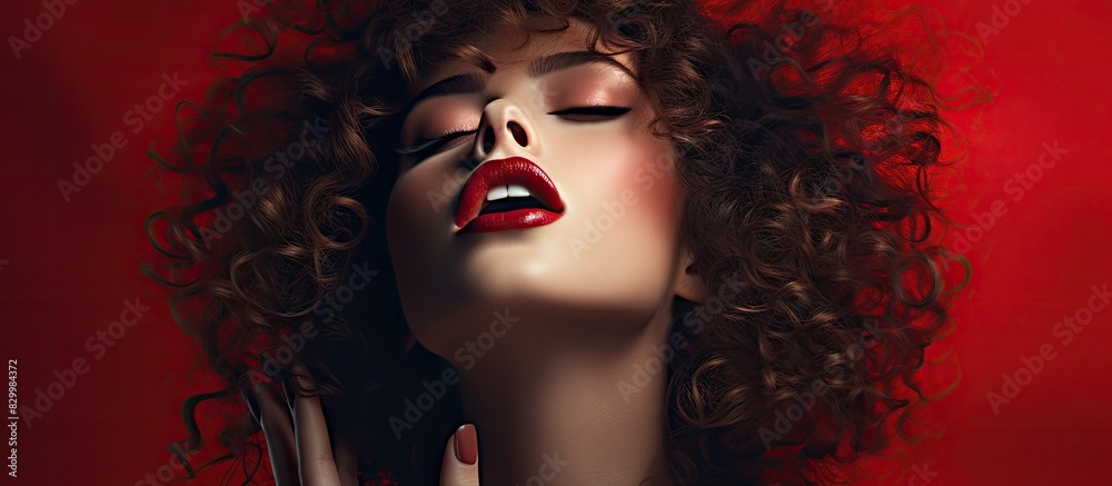 Poster bright makeup and a vibrant red lip complement the model s curly hair while her expressive hand gest