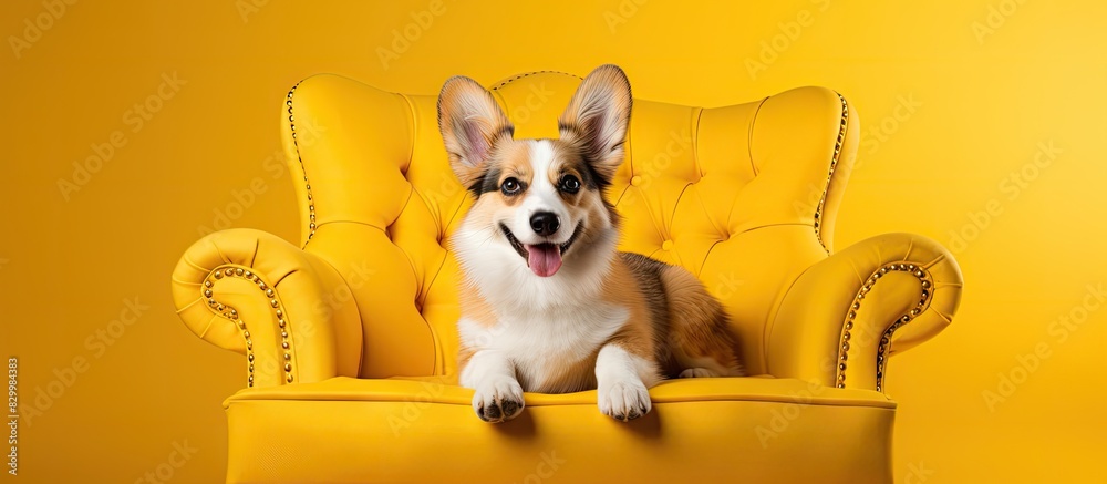 Poster a popular dog breed the adorable welsh corgi pembroke can be seen lying on a royal chair in a studio