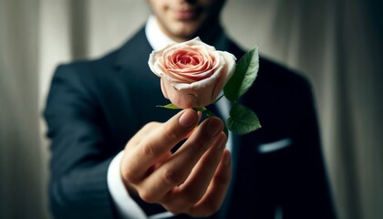 Man in Suit Offers Pink Rose 
