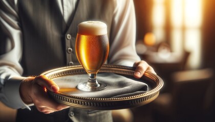 Waiter Serving a Glass of Draft Beer at an Elegant Restaurant 
