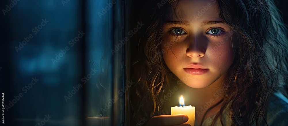 Poster a melancholic young girl gazes out the window her eyes reflecting sadness while holding a candle thi