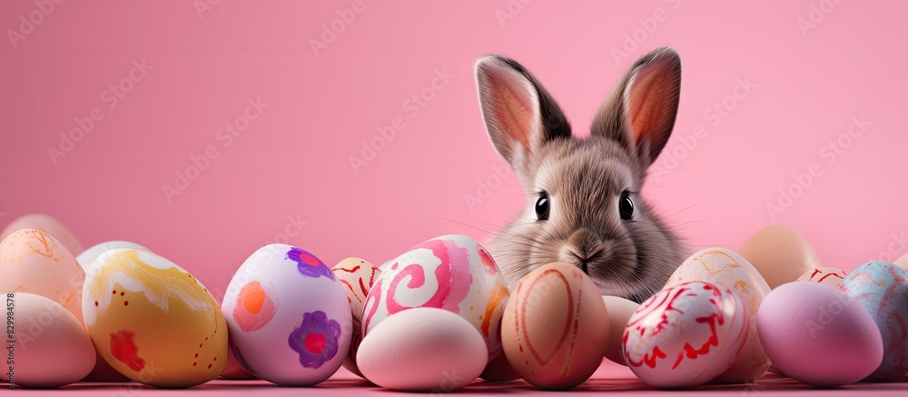 Poster an easter themed decorative shell featuring colorful eggs and a bunny set against a pink background 