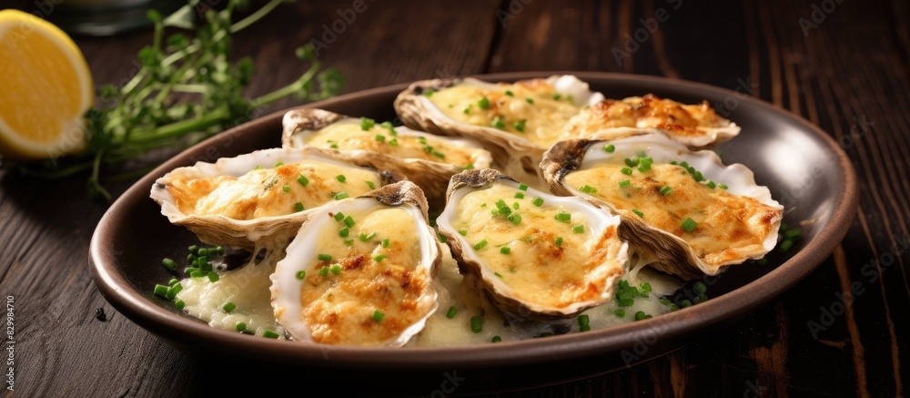 Poster a close up photo of oysters with a cheesy gratin topping on a plate the dish is served on a painted 