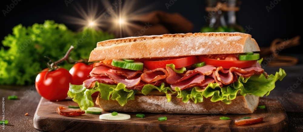 Poster A breakfast and lunch concept is portrayed in the copy space image of a delicious and nutritious bread sandwich with ham lettuce and dried tomato on a table The flat lay background enhances the visua