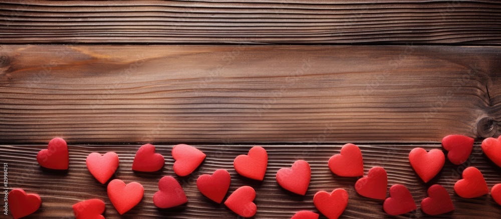 Poster a copy space image featuring red wooden hearts placed on the right side of a wooden background