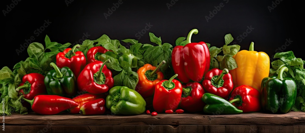 Poster a copy space image featuring a dark board background with a vivid assortment of red and green pepper