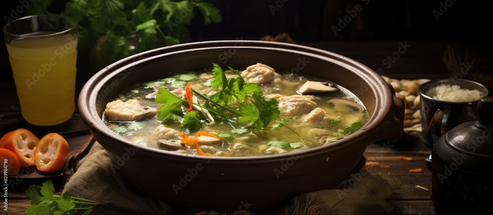 Aufkleber a healthy homemade soup image featuring chinese cooking medical herbs and chicken. with copy space i
