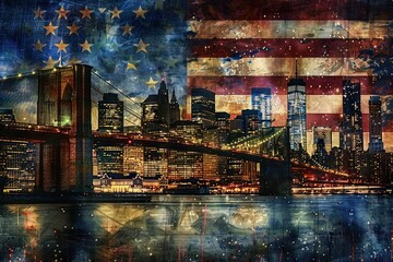 looking from governors island at night, a new york city skyline with the brooklyn bridge. oil painting style. a large american flag with 50 stars shadowed in the background.