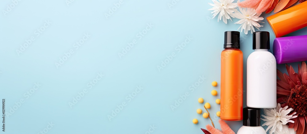 Poster cosmetic products artfully arranged in a flat lay composition on a colorful background leaving ample