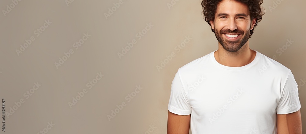 Poster copy space image of a stylish man smiling close up on a beige background wearing a fashionable white