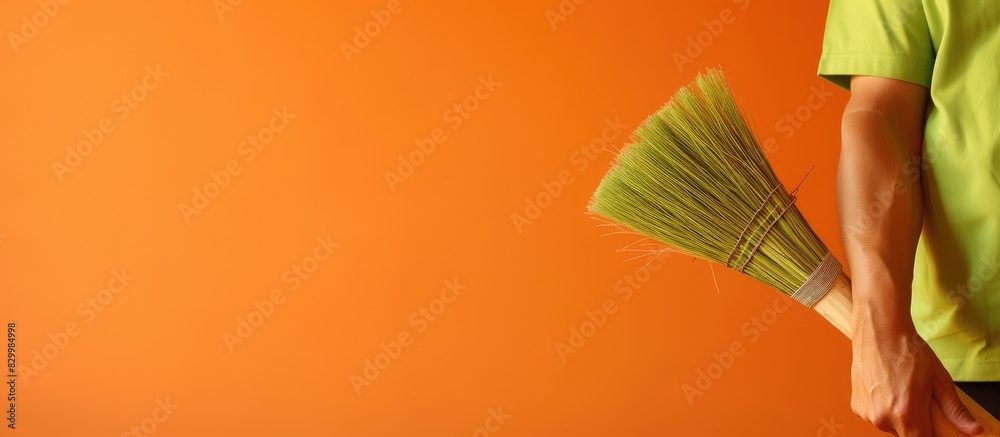 Poster closeup of a man holding a green broom against an orange backdrop the image provides ample space for