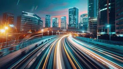 Fototapeta premium High-speed rail network interface visualizes the seamless integration of maglev technology across a wide range of urban landscapes.