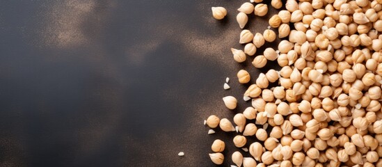 Closeup of uncooked dry chickpeas on a concrete background providing a horizontal composition with copy space for adding text or other graphics