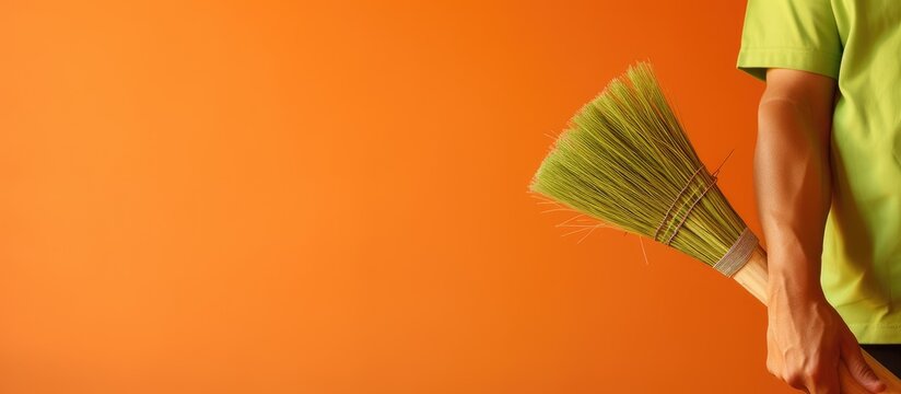 Closeup of a man holding a green broom against an orange backdrop The image provides ample space for text