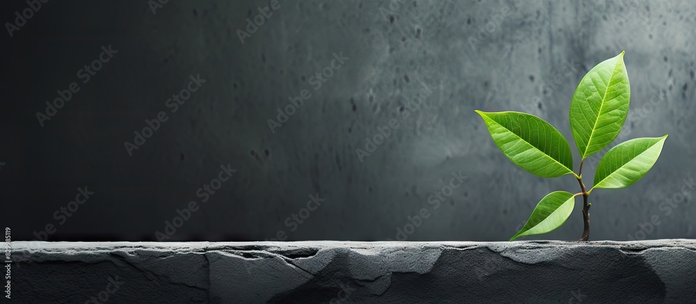 Poster a green leaf from a plant resting on a dark concrete surface serves as the main subject of this mini