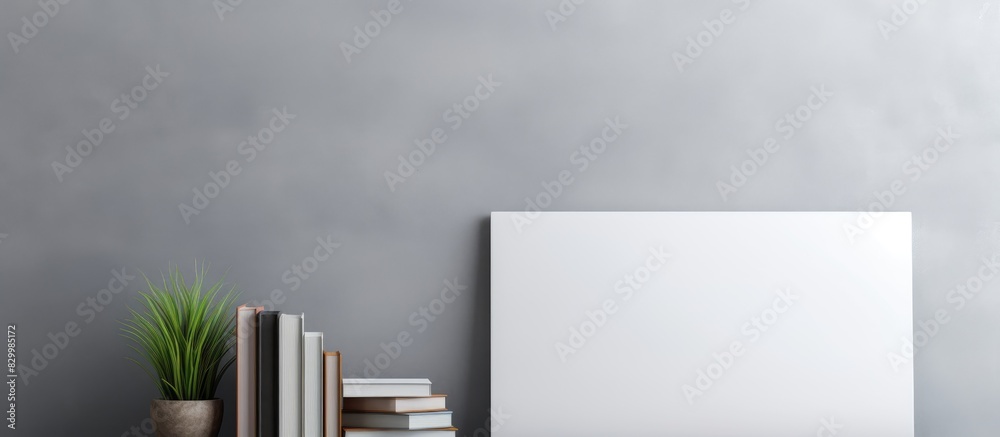 Poster A copy space image featuring a white notebook opened on a bookshelf against a gray wall showcasing the design concept
