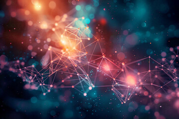 Fototapeta premium A visually captivating abstract representation of interconnected digital nodes and lines, illuminated with vibrant colors against a dark background.