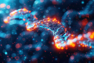 Abstract visualization of DNA helix with glowing nodes in a dark background.