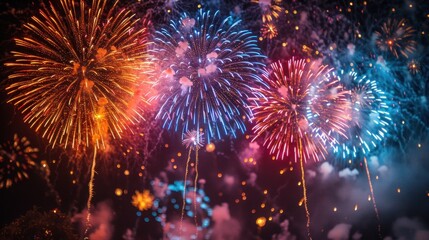 Fototapeta premium The image captures a breathtaking scene of fireworks exploding in the dark night sky. Multiple bursts of fireworks are visible, each displaying different colors including red, blue, yellow, purple,