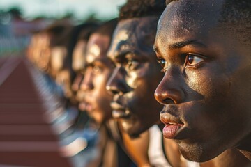 Intense Focus of Sprinters at Starting Line under Stadium Lights - Sports Photography for Editorial, Posters, or Articles - Powered by Adobe