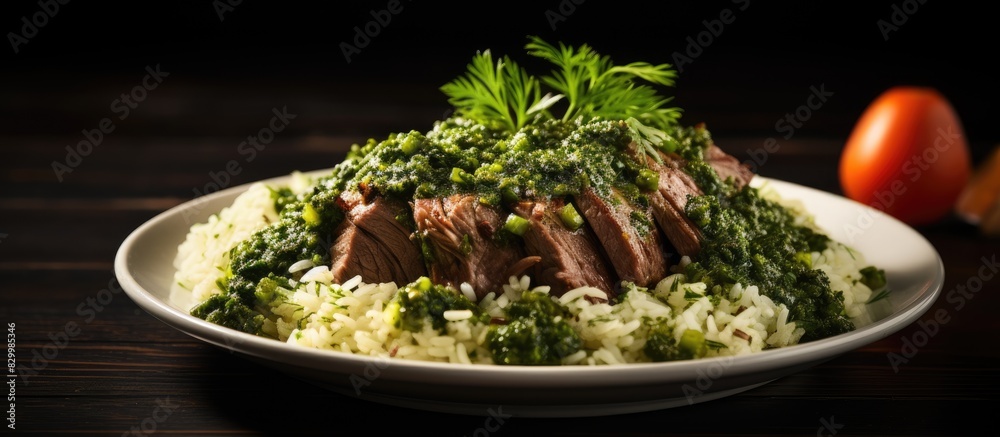Poster a main dish portion of wild rice served with meat and a flavorful green sauce set against a food bac