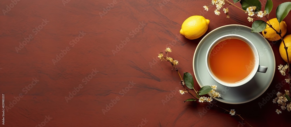 Aufkleber Top view of a cup of fruit tea placed on a table with copy space image