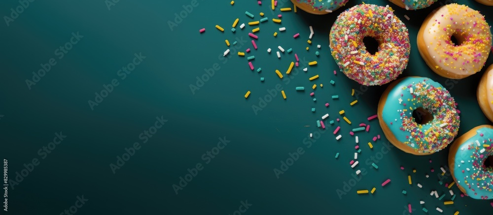 Poster a copy space image featuring donuts with glossy teal frosting and colorful confetti sprinkles
