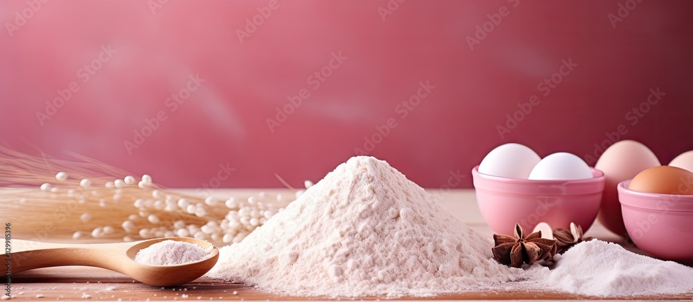 Poster cooking baking ingredients including flour egg and sugar are displayed on a pink background along wi