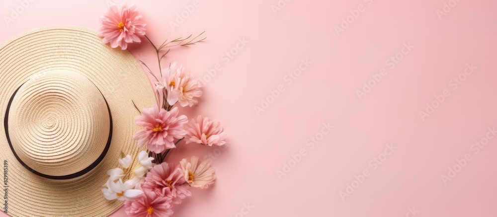 Leinwandbilder a feminine summer concept with a pink spiral notebook beach hat wooden clips and decorative flowers 